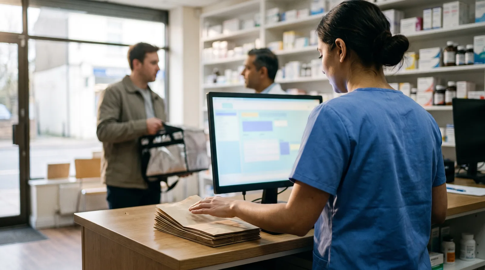 Pharmacist handing a delivery bag to a local courier outside an independent pharmacy